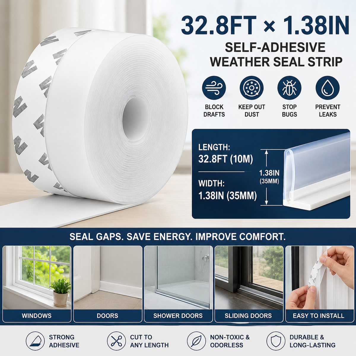 𝟒𝟗% 𝐎𝐅𝐅 𝐅𝐥𝐚𝐬𝐡 𝐒𝐚𝐥𝐞!:32.8FT × 1.38IN Self-Adhesive Weather Seal Strip – Block Drafts, Dust & Gaps