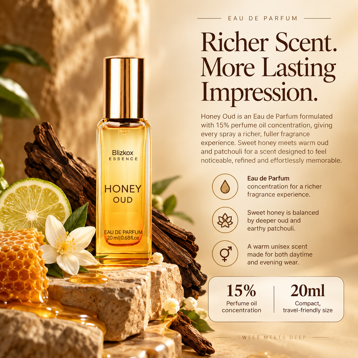 Honey Oud Perfume – Long Lasting Sweet Vanilla Oud Fragrance, Warm Amber Scent, Mini Eau de Parfum Spray 20ml